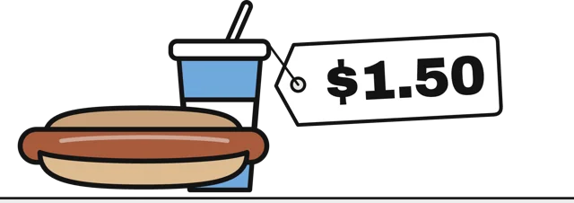A hot dog and a drink with a $1.50 tag